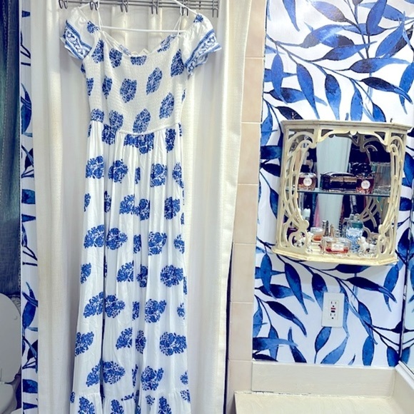NWT Women’s Dress Day Saint Barth Blue & White Off The Shoulder Maxi Dress Sz L - Picture 11 of 16